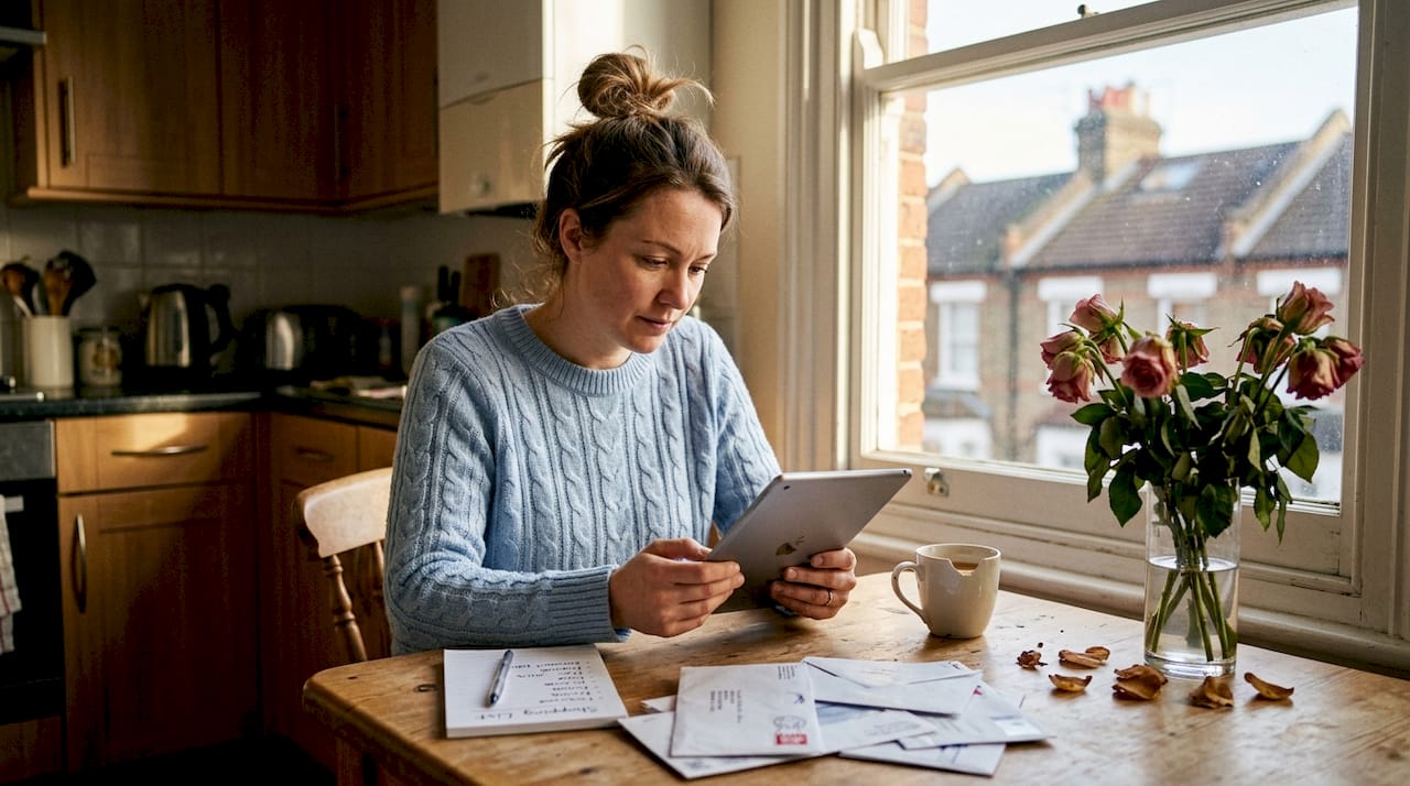 Woman browsing roses online in kitchen