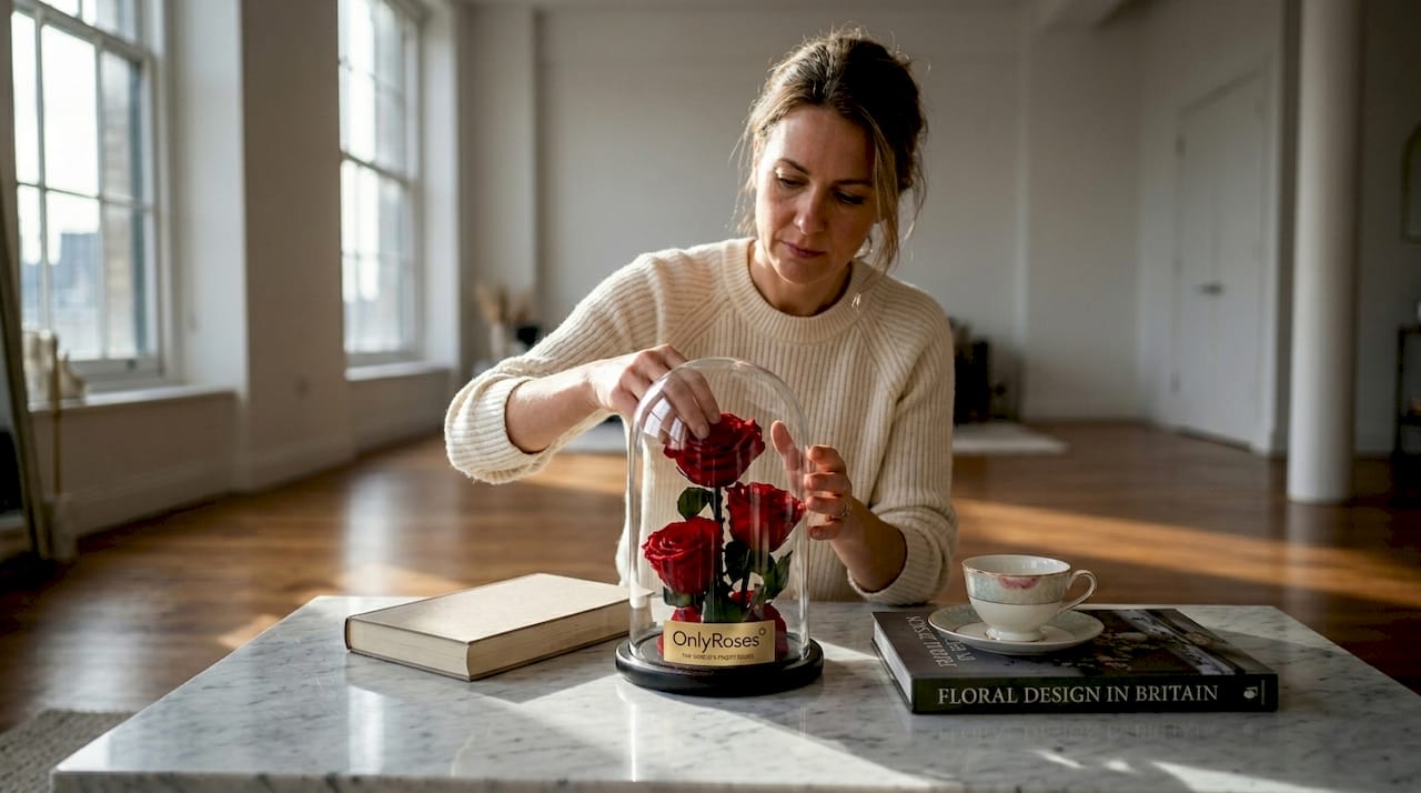 Arranging preserved roses in living room