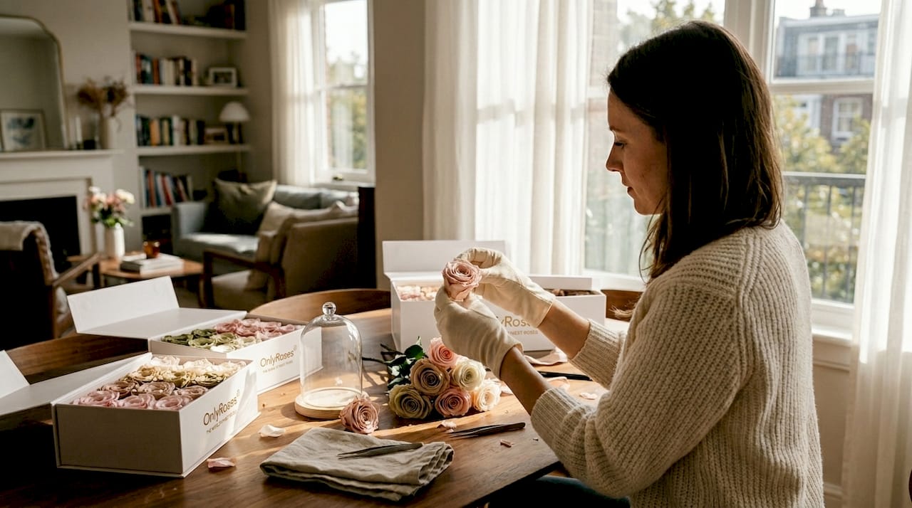 Woman preparing infinite roses at home table