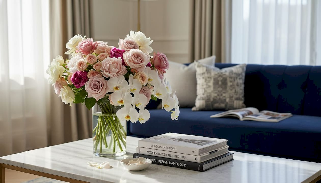 Luxury flower arrangement in elegant living room