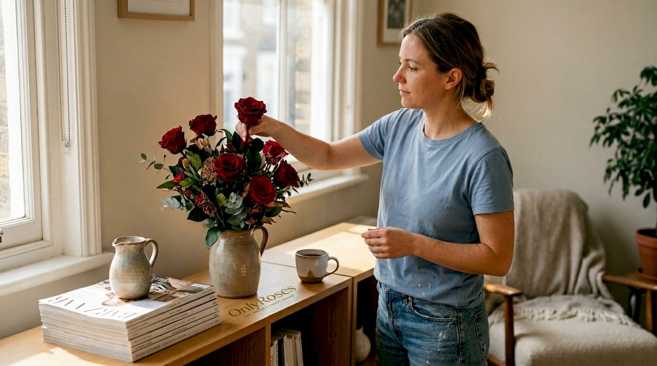 Florist arranging preserved roses on shelf