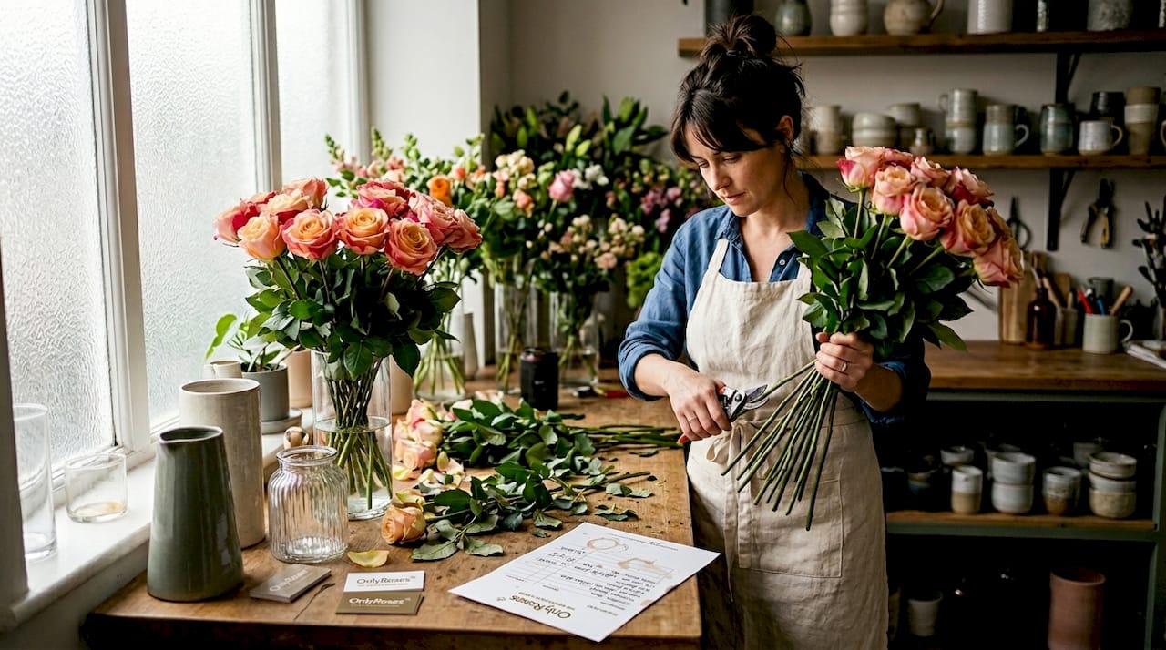 Florist arranging premium roses on counter