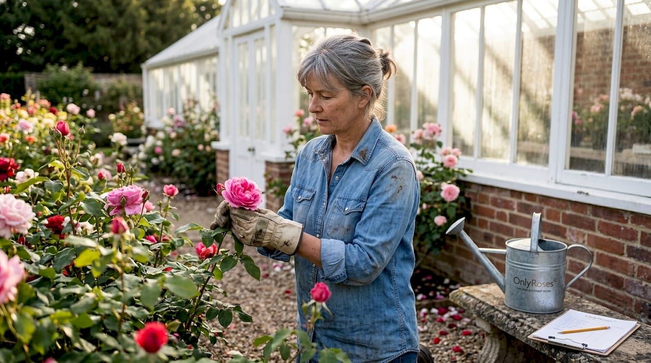 Horticulturist inspecting roses in morning garden