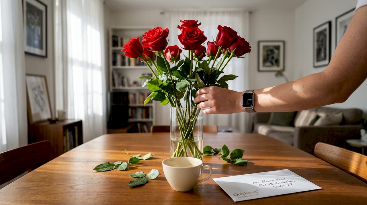 Luxury red roses arrangement on dining table