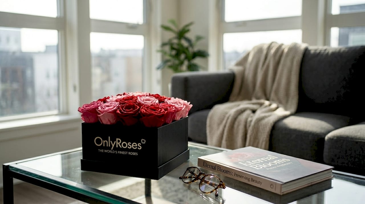 Eternal roses in box on coffee table in sunlight