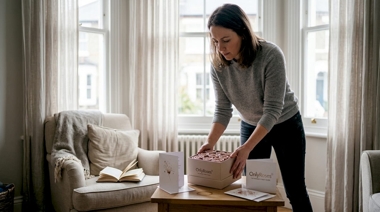 Woman placing preserved rose box in home