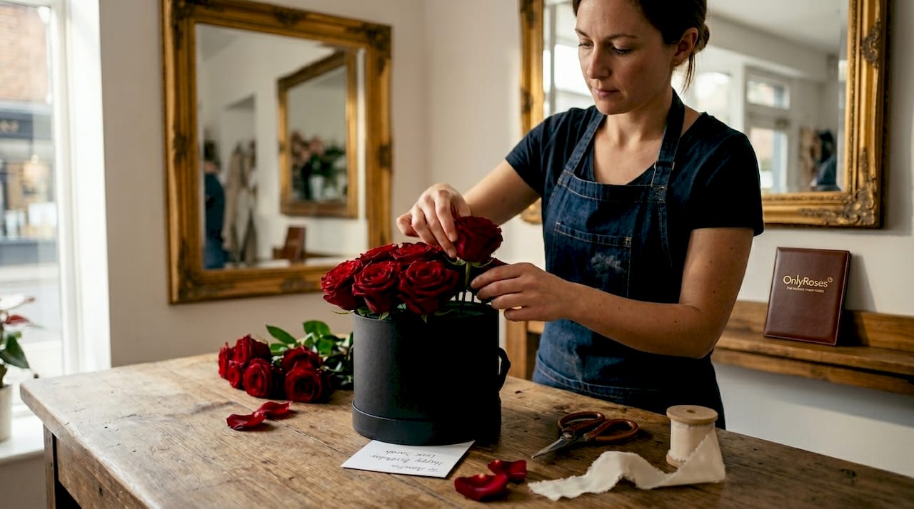 Florist arranging roses in a luxury gift box