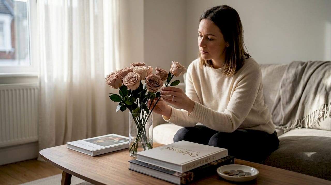 Woman arranging luxury preserved roses at home