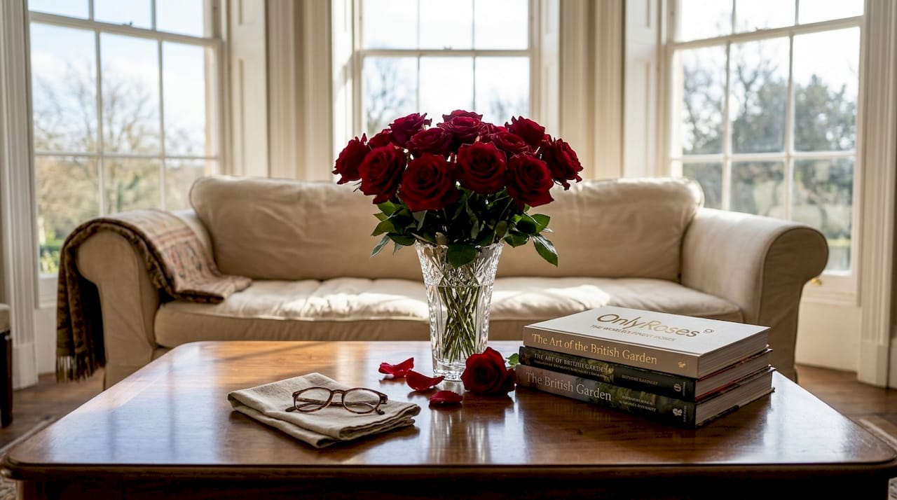 Vase of red roses in elegant living room