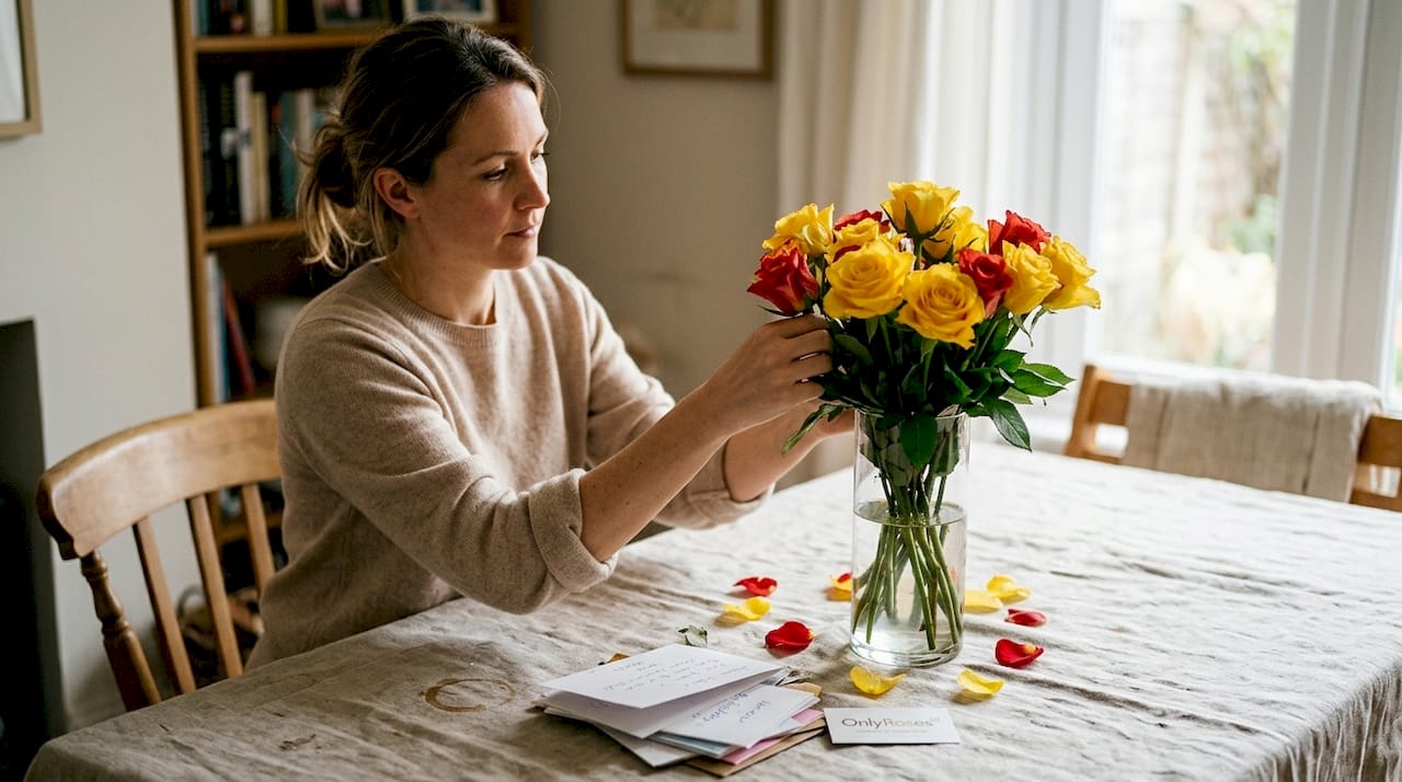 Woman arranging birthday roses in home
