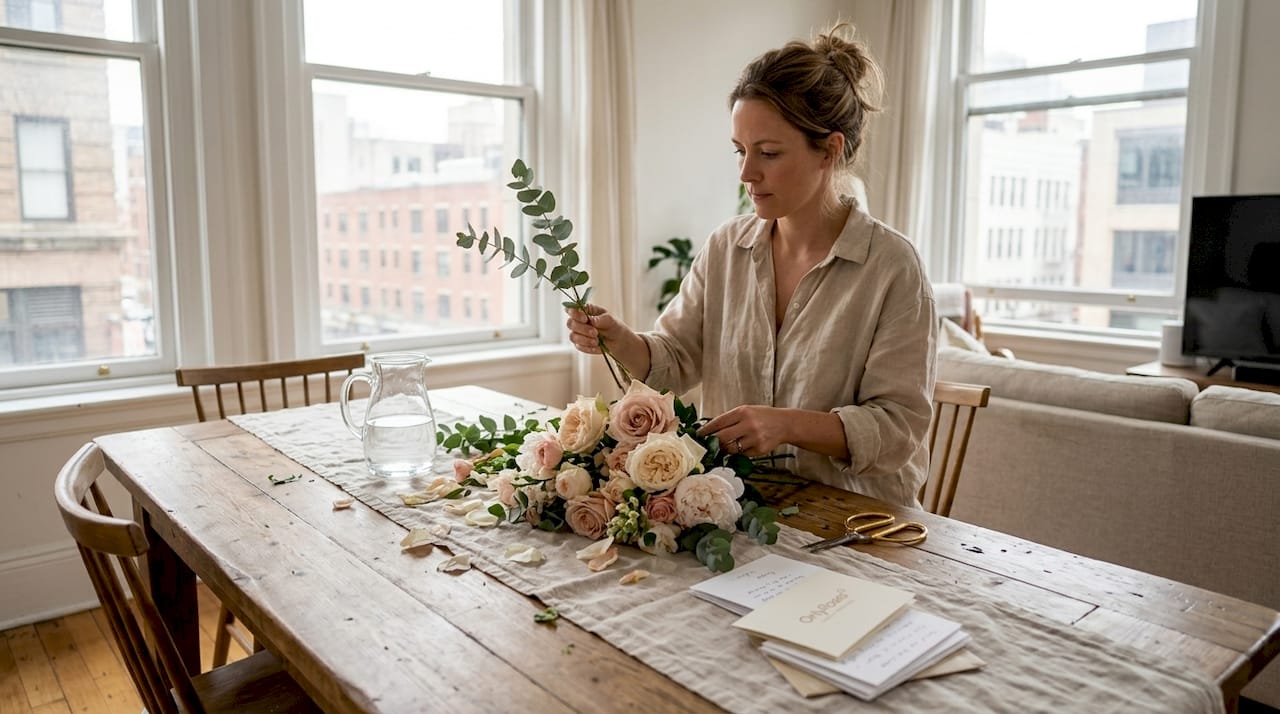Woman arranging elegant rose garden bouquet