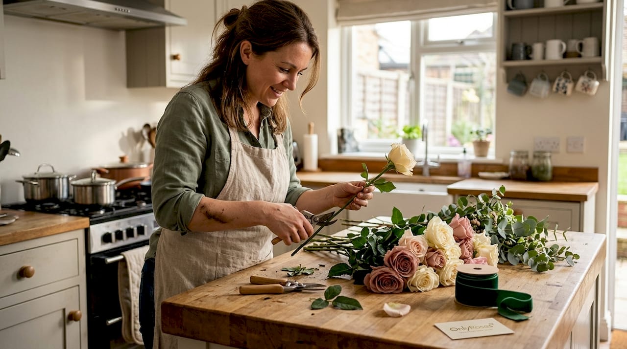 Florist trimming roses at home kitchen island