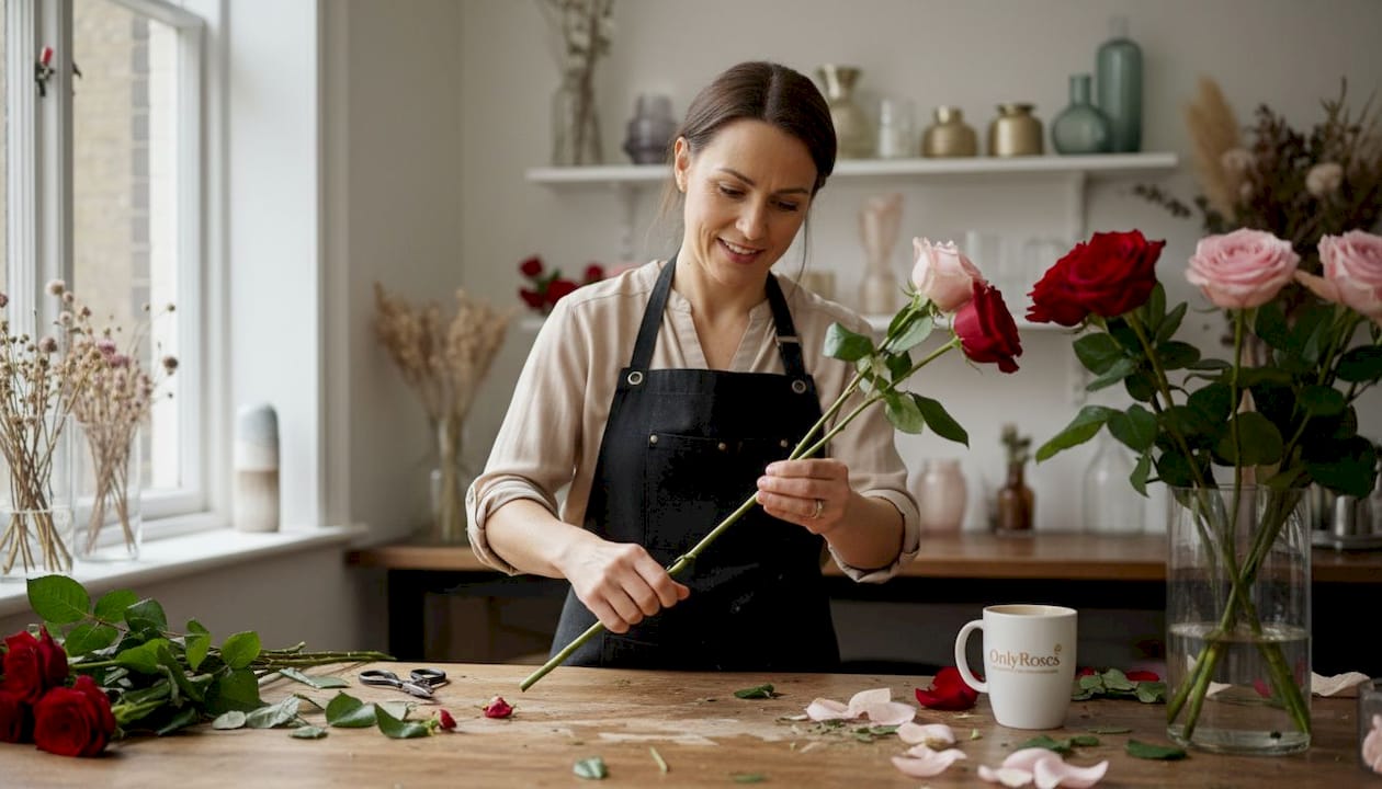 Florist preparing luxury rose arrangement