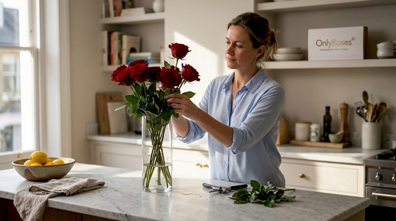 Woman arranging luxury roses in kitchen vase