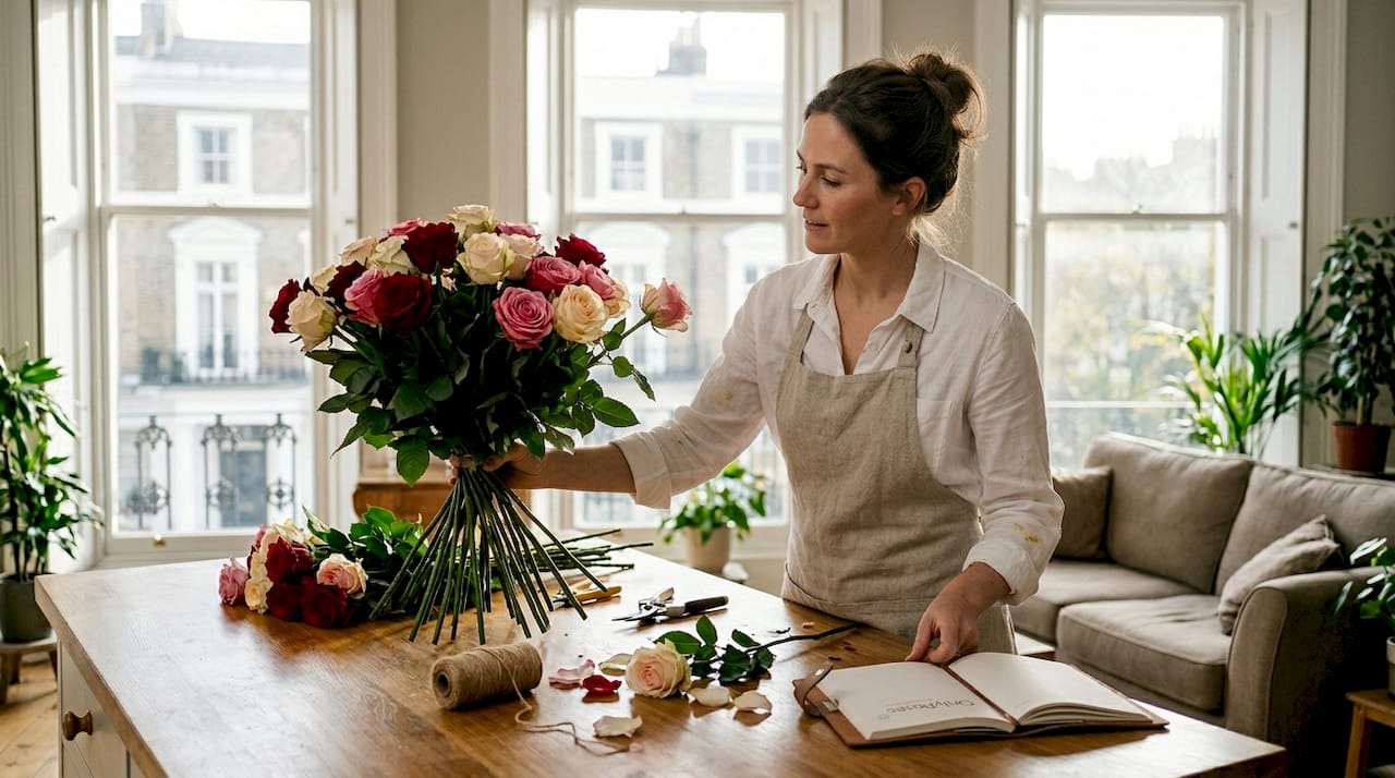 Florist arranging luxury rose bouquet on table