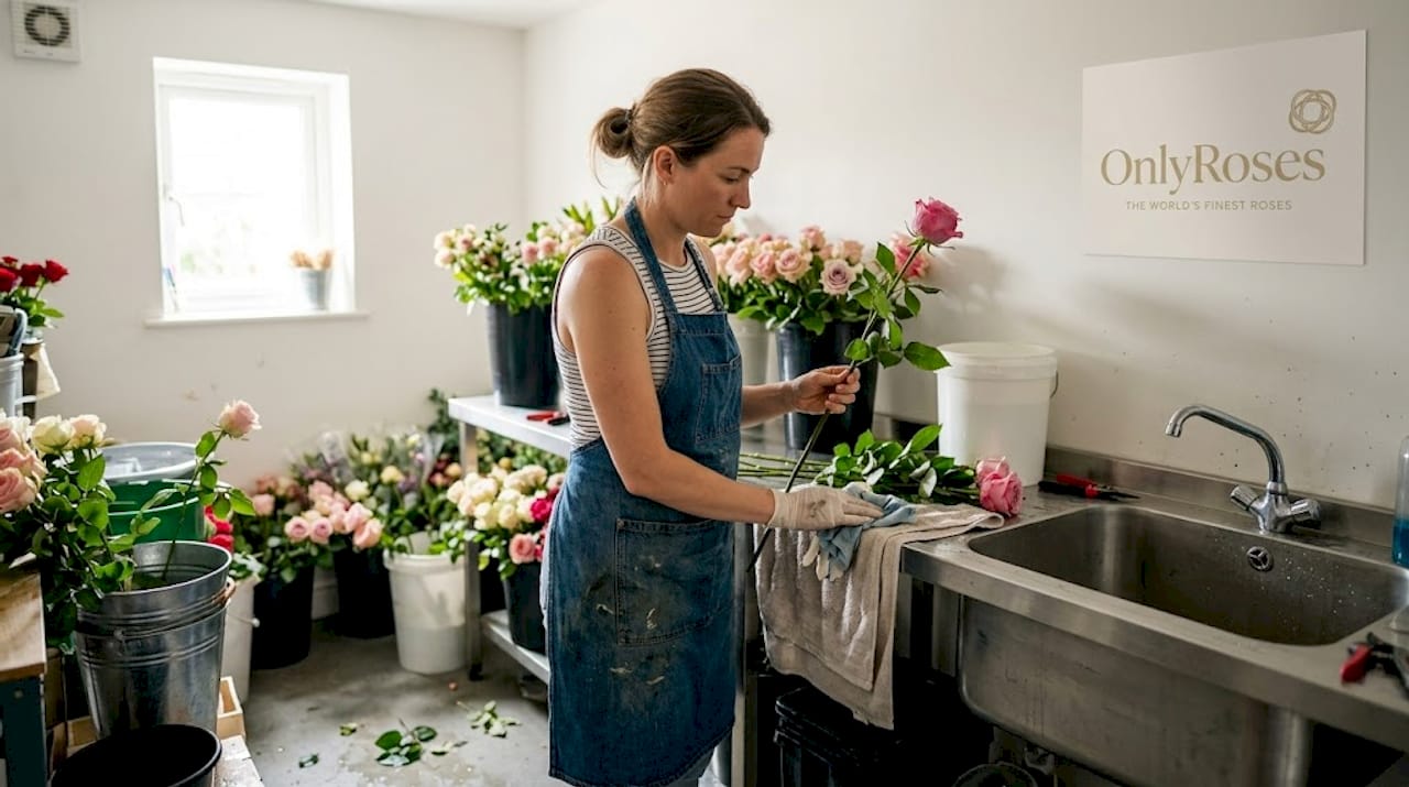 Florist preparing and hydrating fresh roses