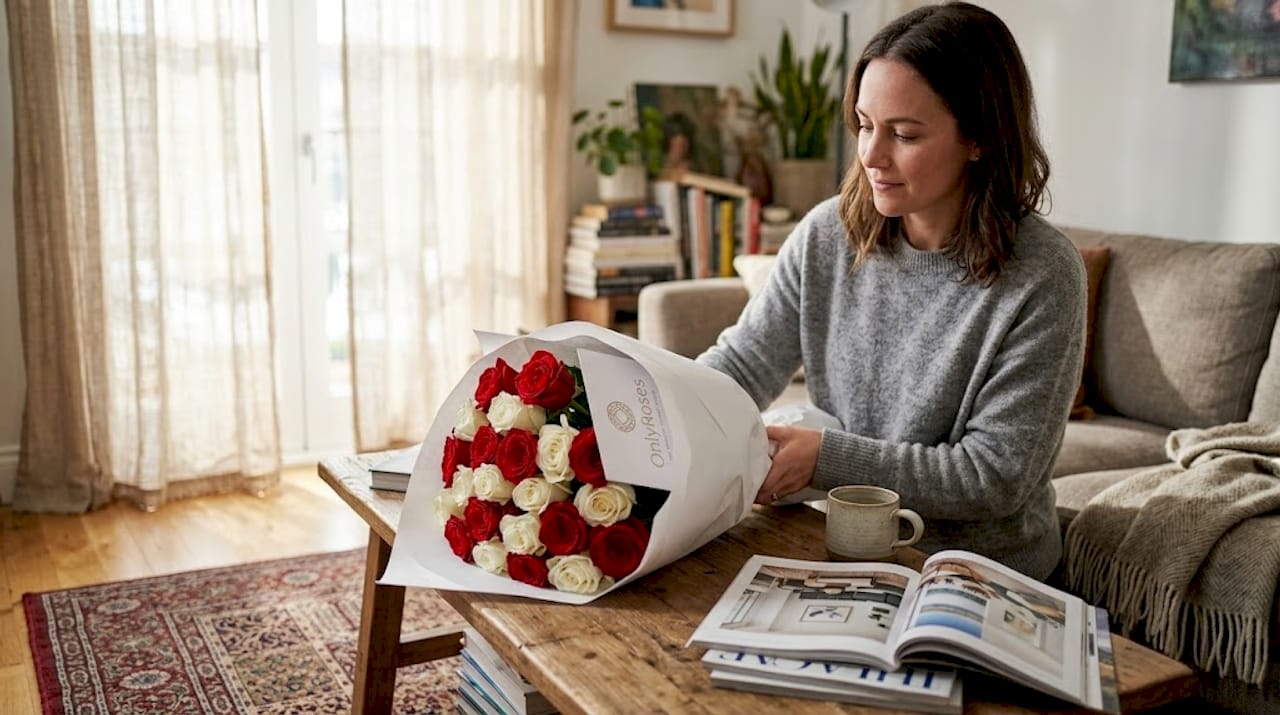 Woman setting luxury rose bouquet in living room
