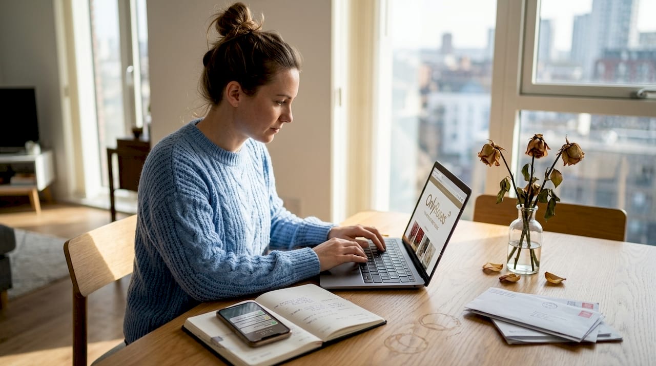 Woman booking rose delivery on laptop at home