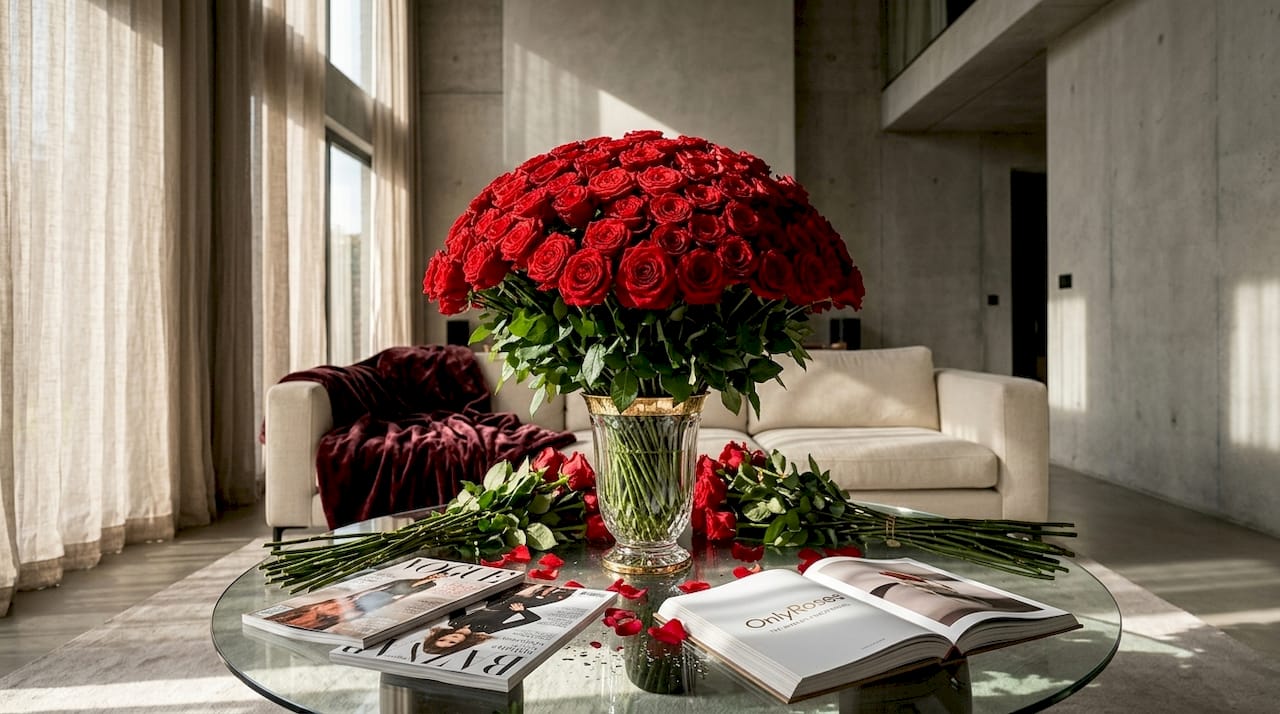 Grand luxury rose bouquet on modern coffee table