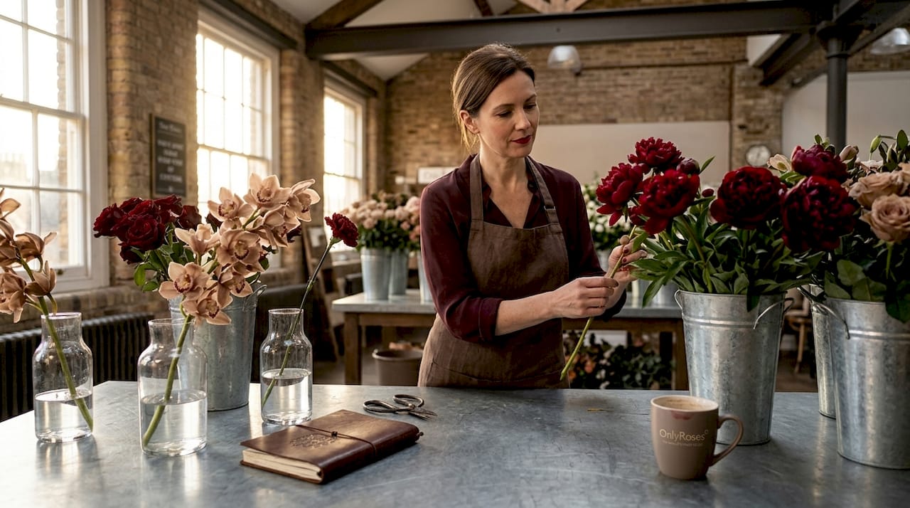 Florist choosing flowers in studio workspace