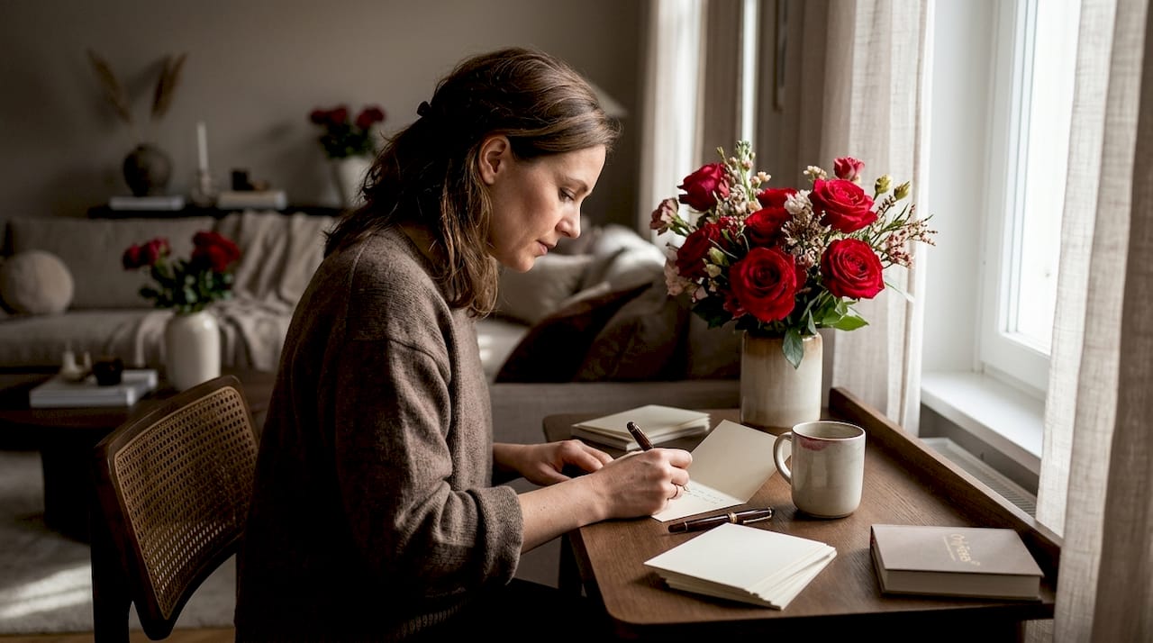 Woman writing rose gift message at desk