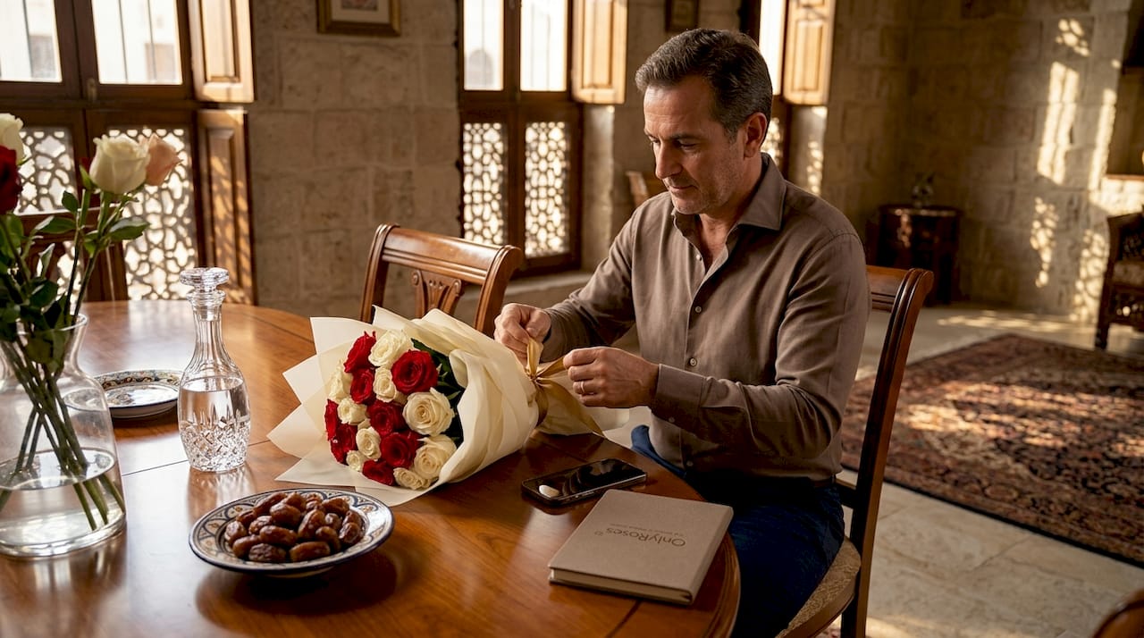 Man preparing roses gift in elegant home