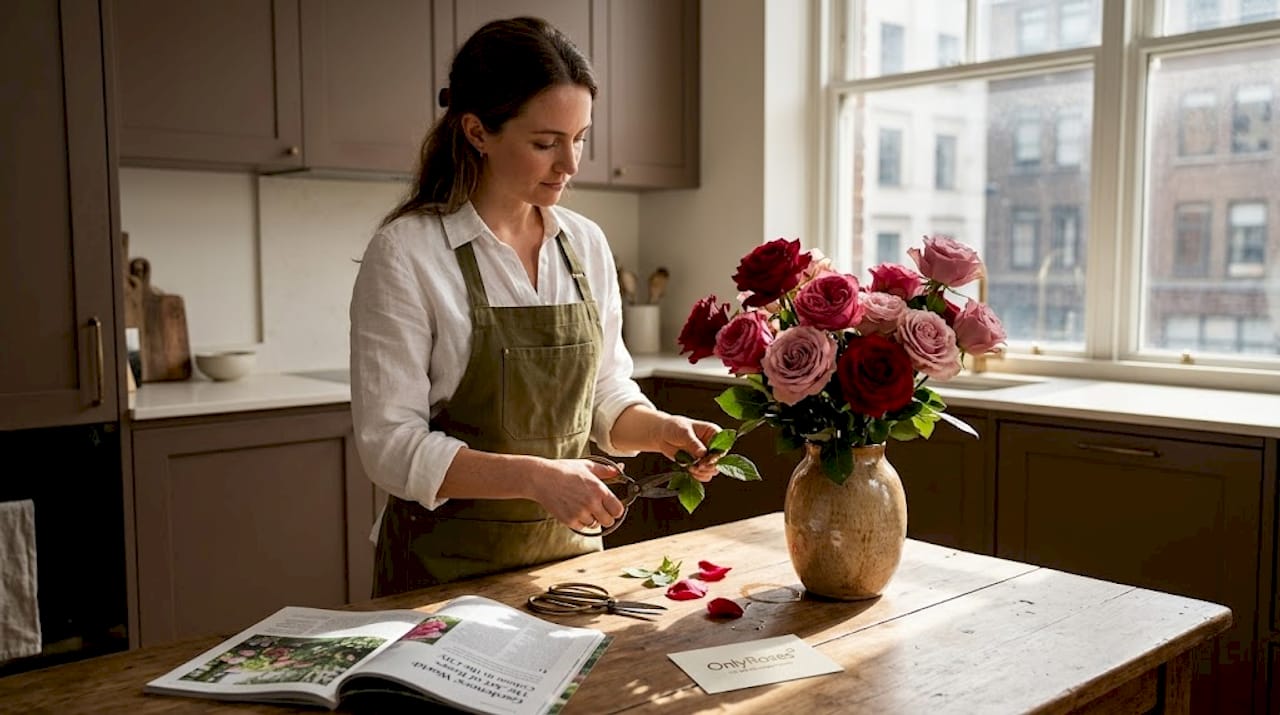 Florist preparing sustainable rose bouquet