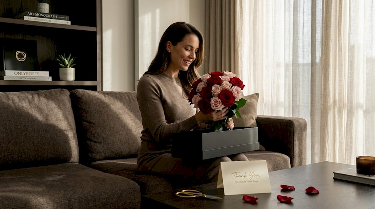Woman unboxes luxury rose bouquet gift