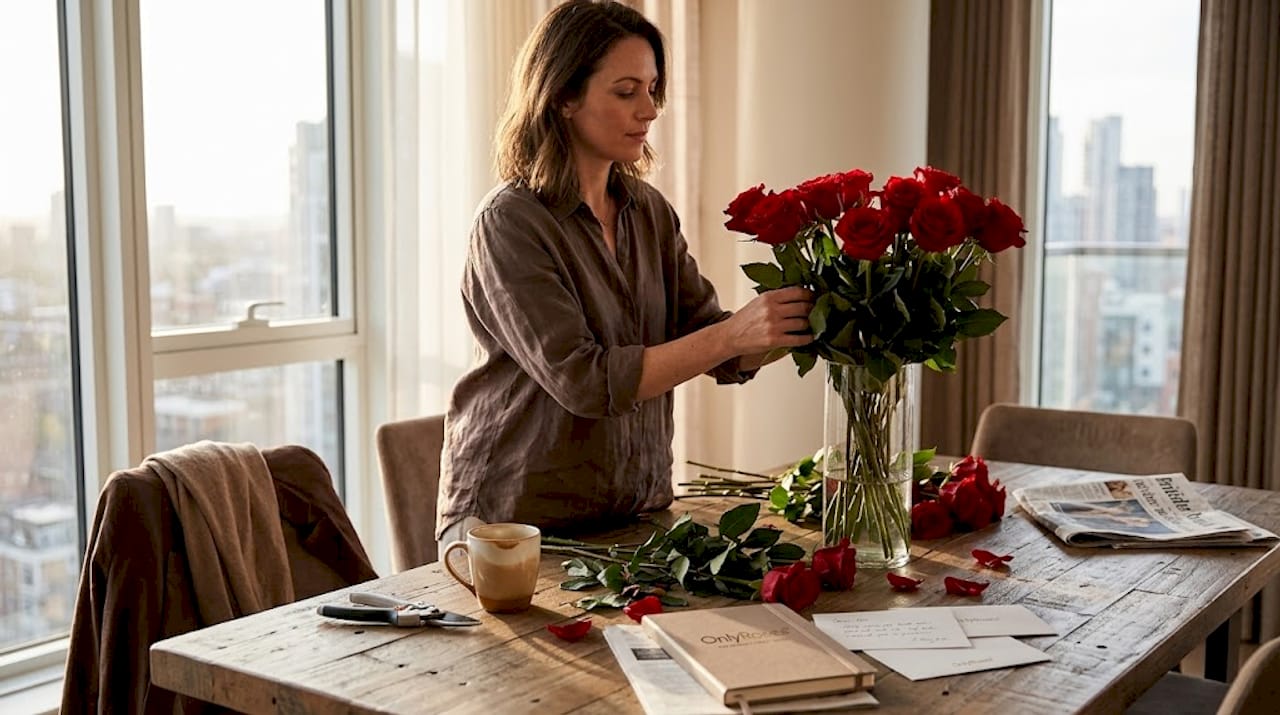 Woman arranging luxury rose bouquet at home