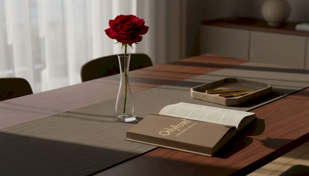 Single red rose displayed on elegant dining table