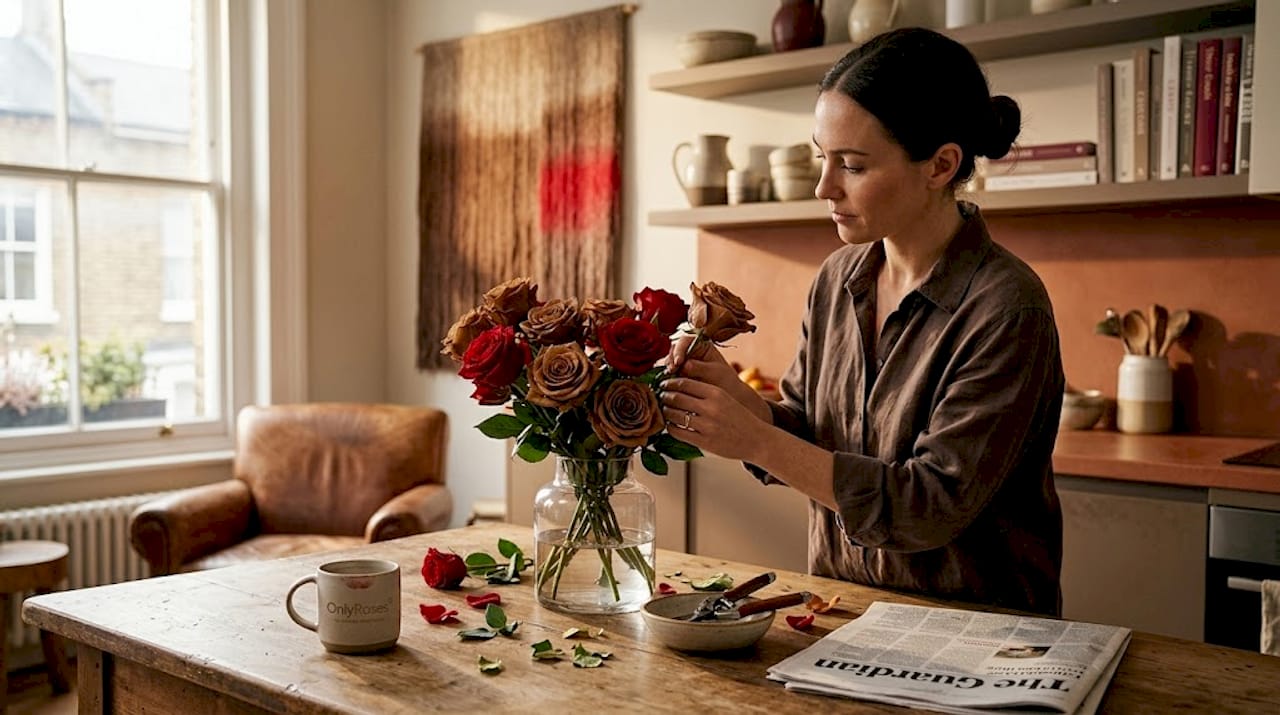 Woman arranging fresh and preserved roses