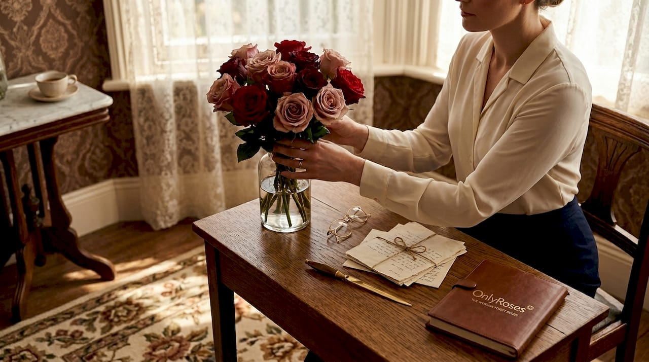 Woman arranging roses at Victorian writing desk