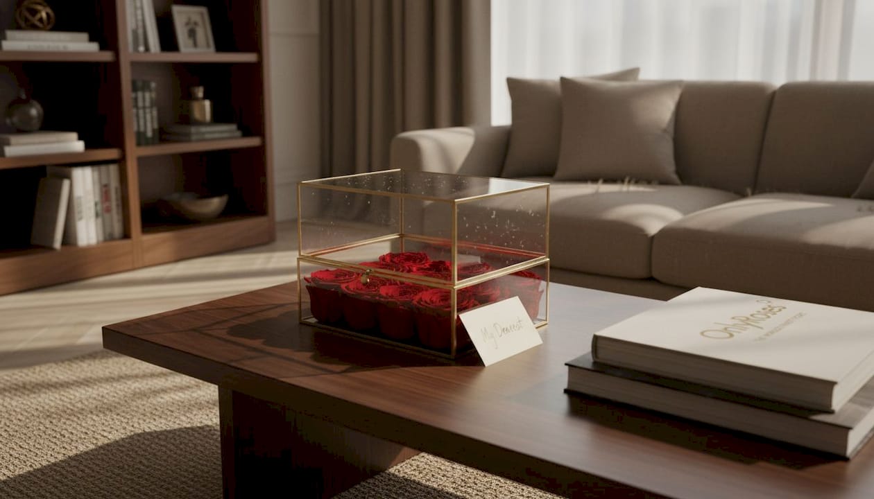 Rose keepsake box with preserved roses on table