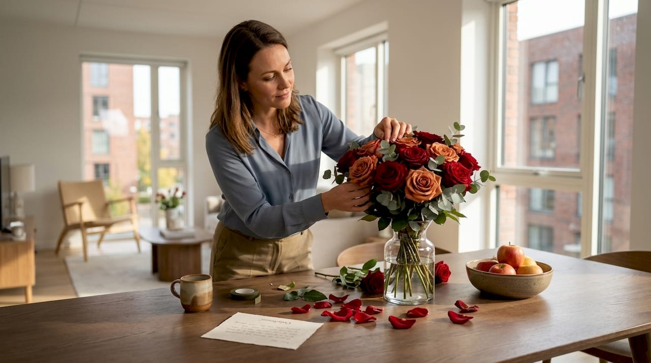 Woman arranging mixed-colour roses in sunlight