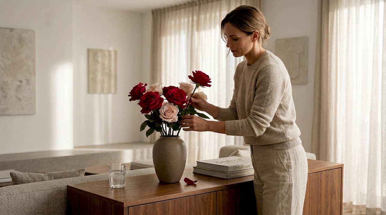 Arranging luxury roses in modern living room
