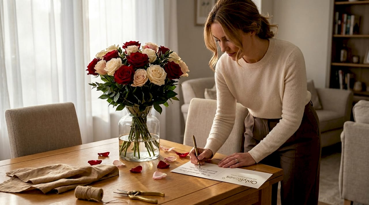Woman writing card beside rose bouquet