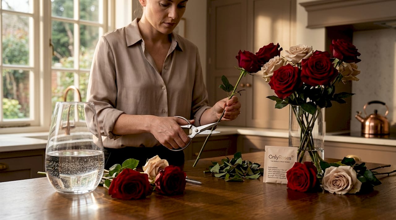 Woman preparing premium roses for vase