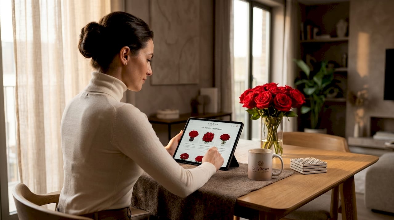 Woman browsing roses online at kitchen table