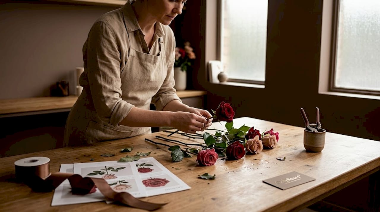 Florist preparing luxury custom rose bouquet