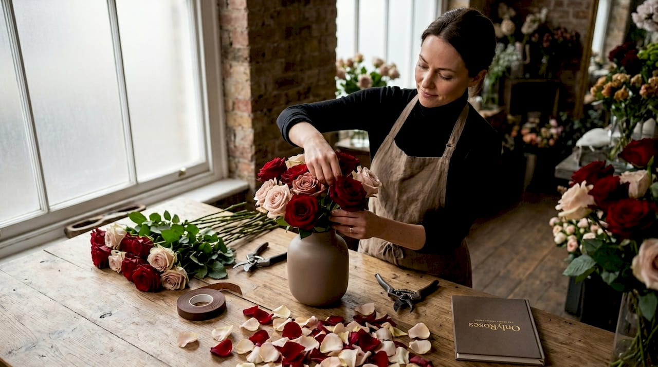 Florist arranging prestige roses in studio