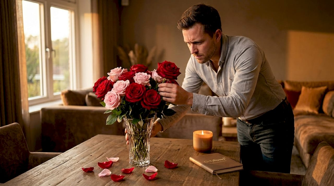 Man placing rose bouquet on living room table