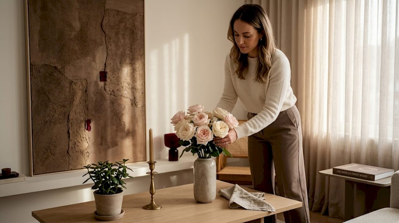 Woman arranging elegant rose bouquet in a living room