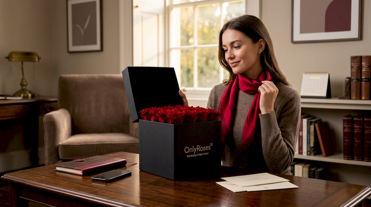 Luxury rose box on coffee table in bright living room