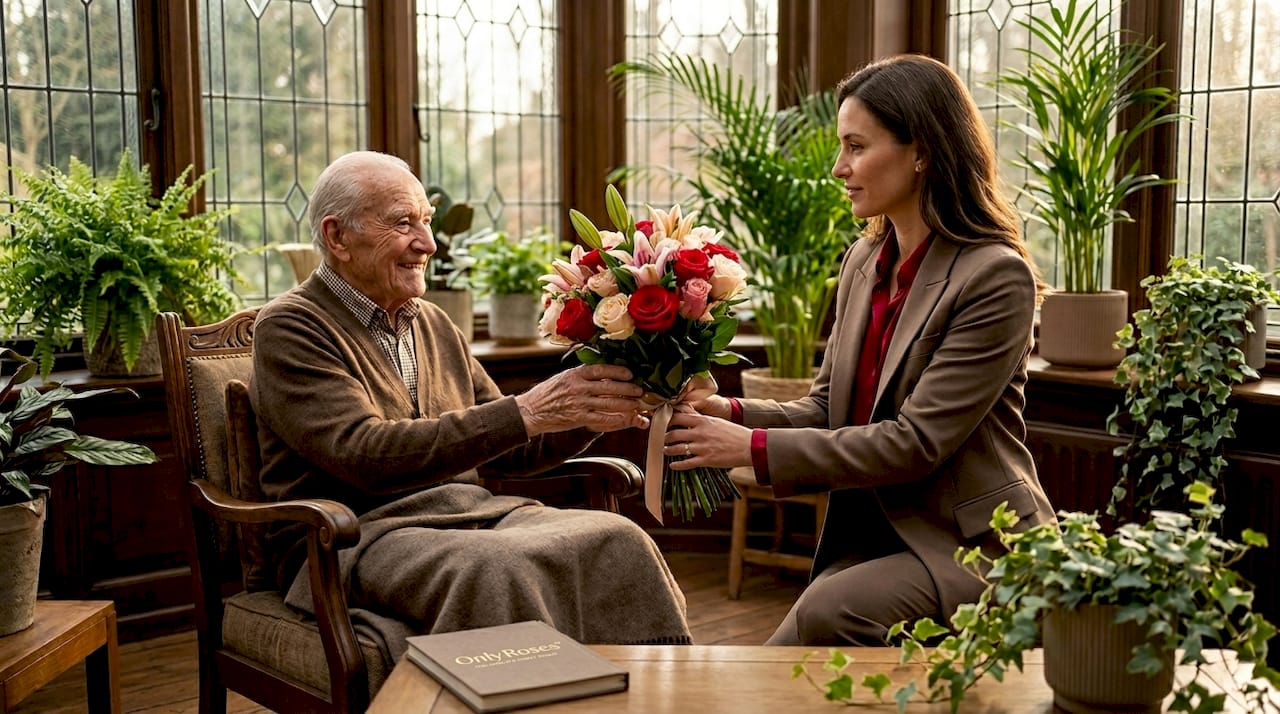 Woman gifting flowers in bright living room