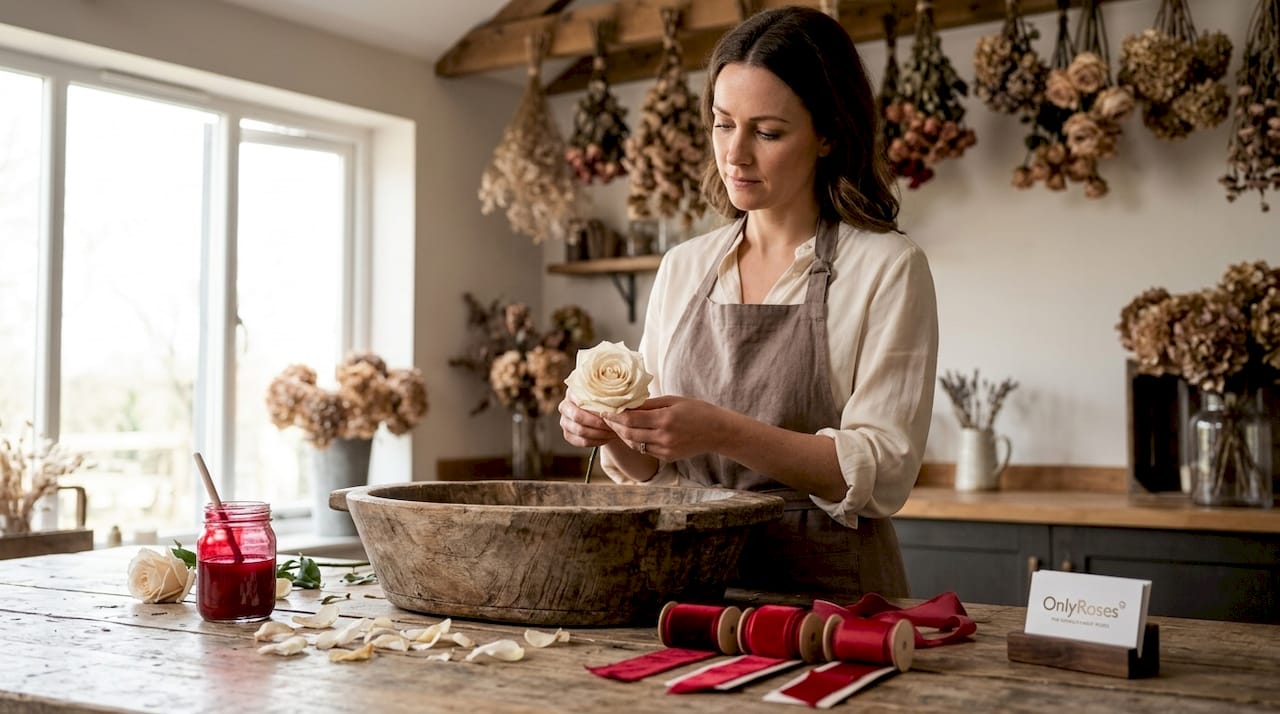 Florist customising rose in bright workspace