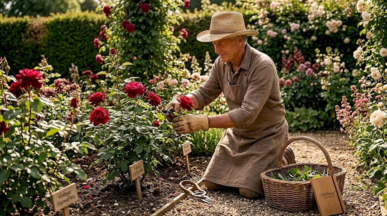 Gardener tending hybrid tea rose bushes