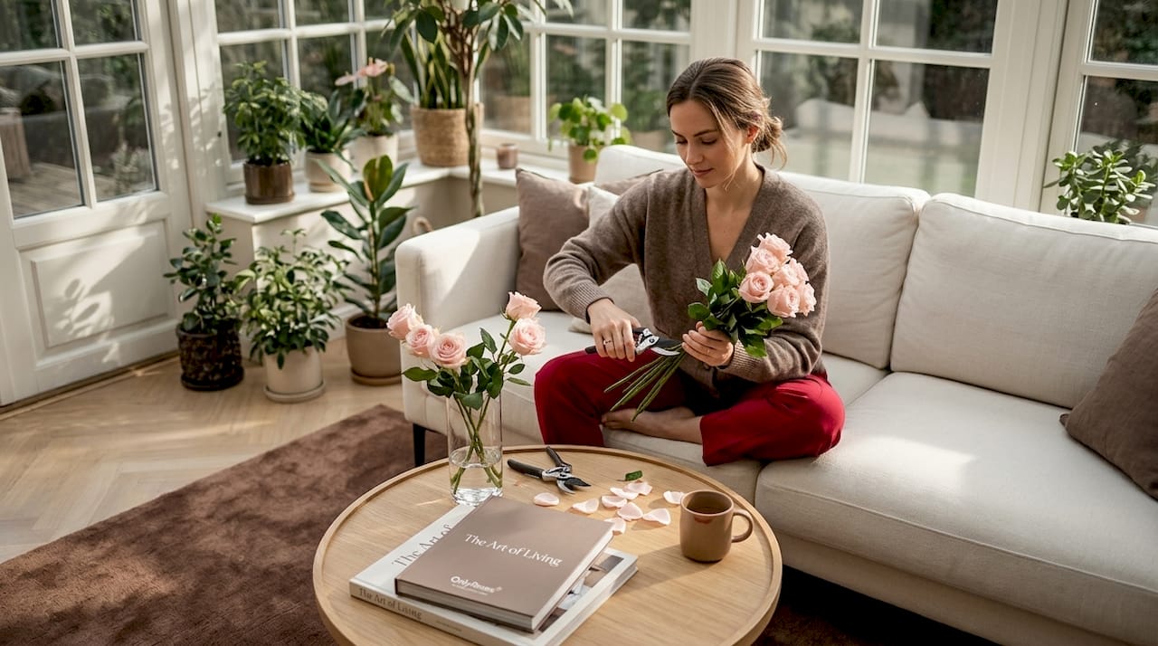 Arranging roses in a stylish living room