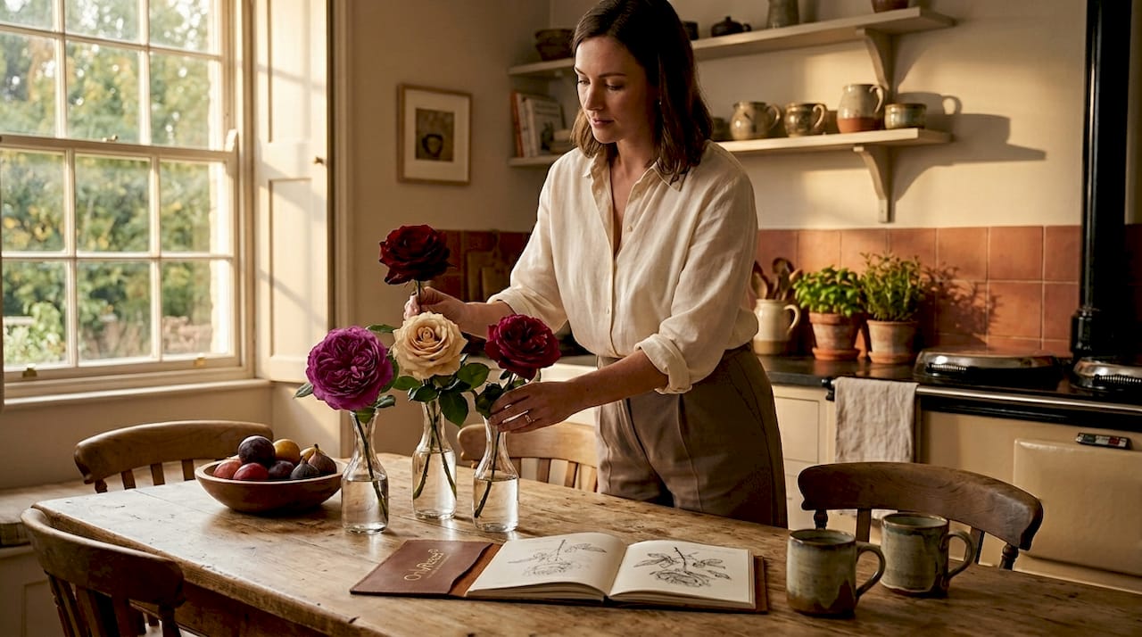 Woman arranging colorful roses for home decor