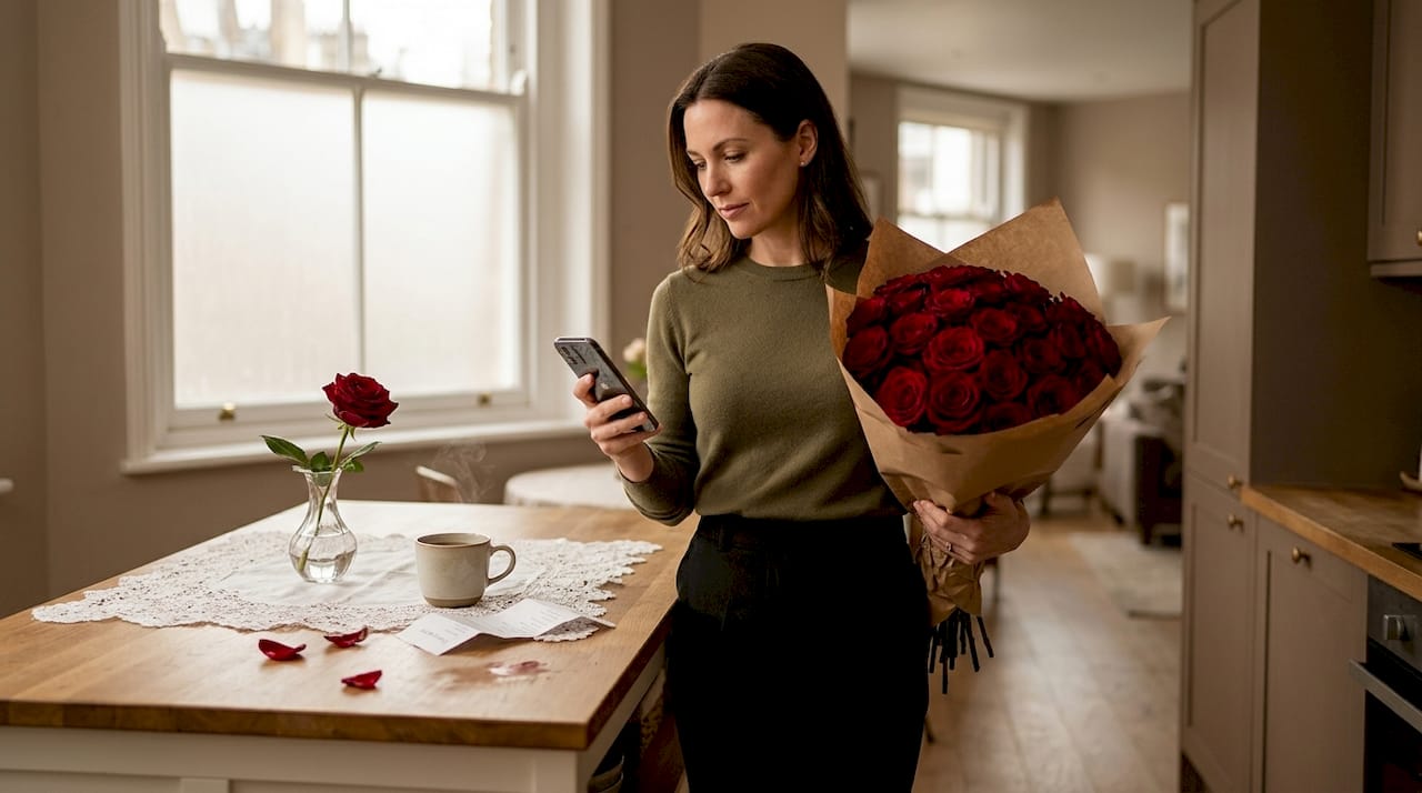 Woman checks rose delivery in kitchen