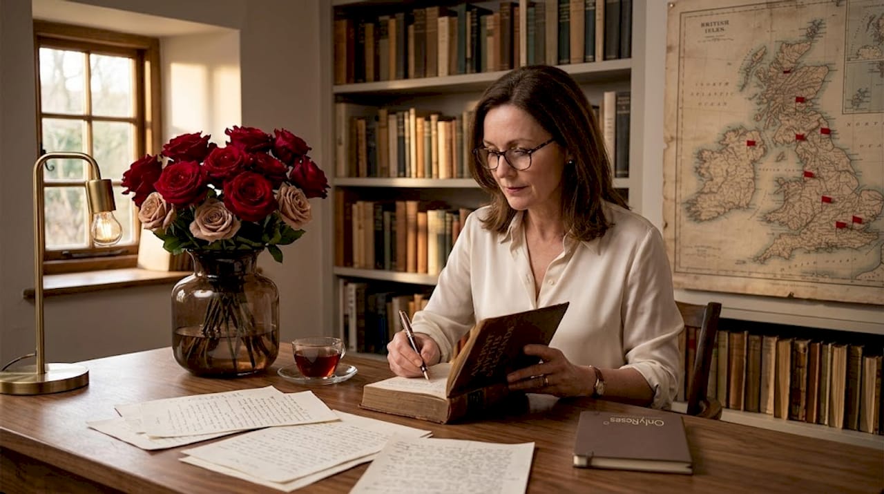 Historian annotates book with roses nearby
